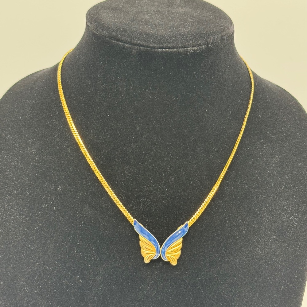 Vintage 1980s Enamel Butterfly Slide Necklace Gold Tone Blue Herringbone Chain